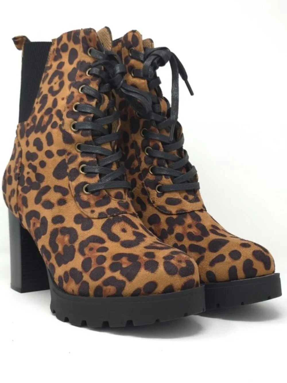Leopard Print Chunky Heel Ankle Boots Faux Suede Lace Up Platform Zipper Trendy - Picture 2 of 12